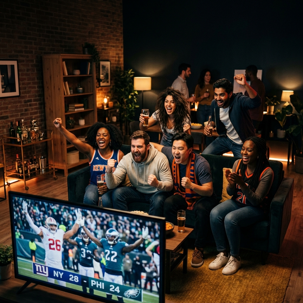 Excited Canadian sports fans celebrating a goal, streaming live in 4K via the best IPTV Canada provider